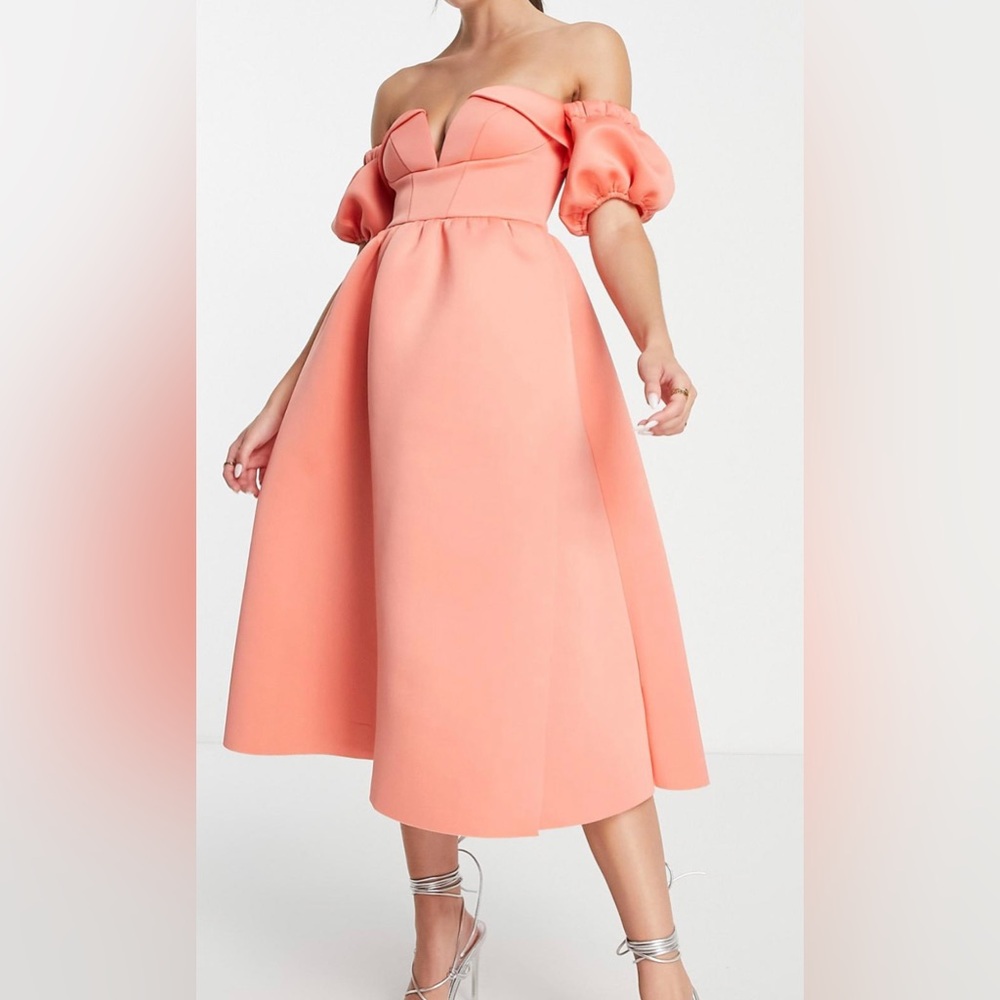 Asos design off shoulder ruffle midi prom dress in coral size US 8